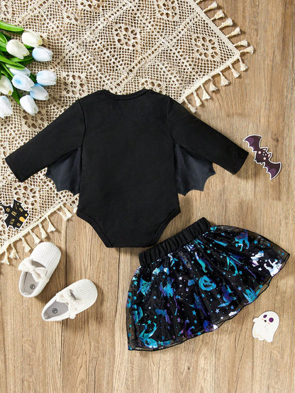 H HIBOBI Baby Girl Halloween Bat Wings Skirt Set, Printed Bodysuit + Shiny Skirt (Headband Not Included), Cute Dark Style Infant Outfit For Holiday Party And Photoshoot
