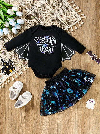H HIBOBI Baby Girl Halloween Bat Wings Skirt Set, Printed Bodysuit + Shiny Skirt (Headband Not Included), Cute Dark Style Infant Outfit For Holiday Party And Photoshoot