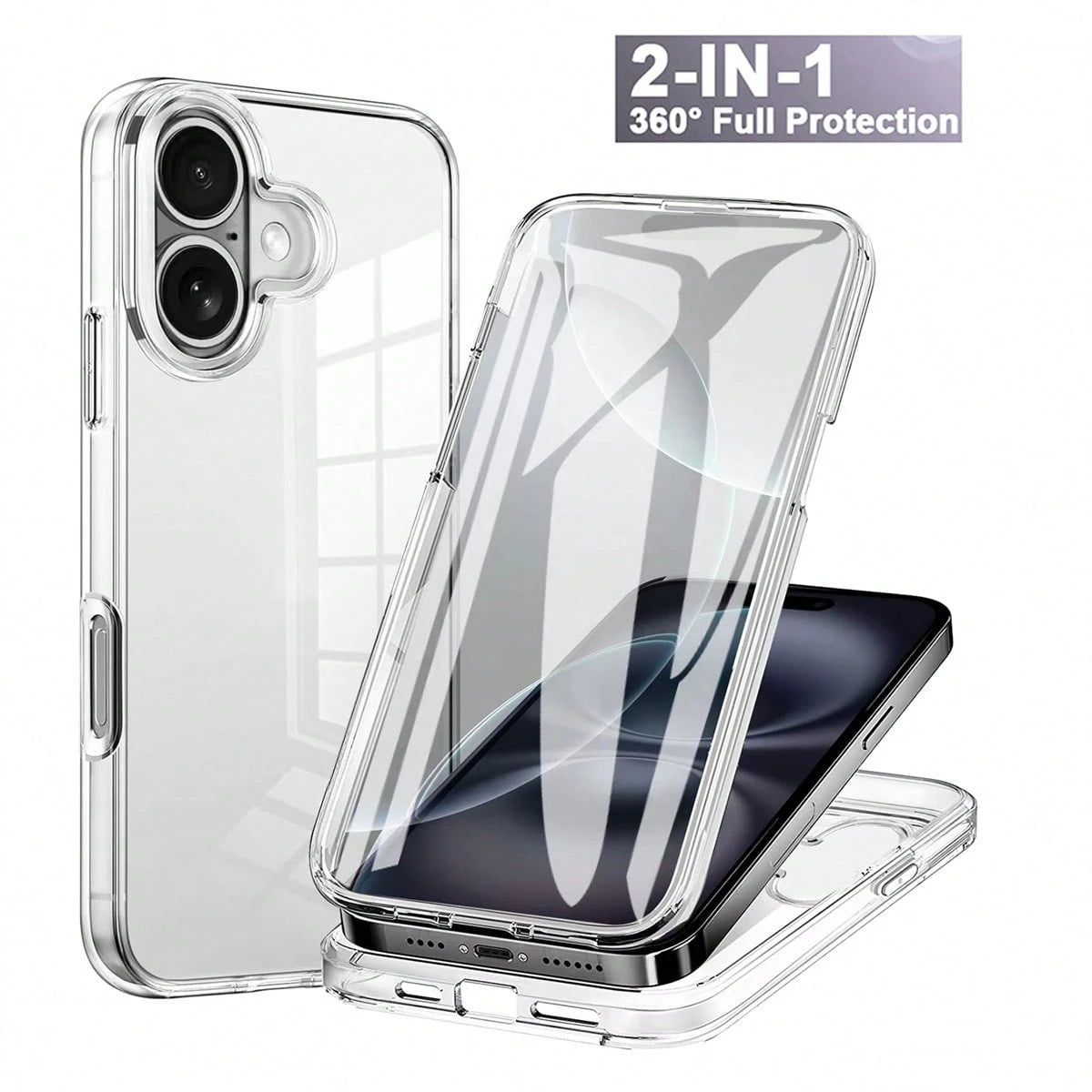 Hadaasi 1pc Transparent 2-In-1 Full Body Case With Front Screen Protector TPU Soft Edge + PC Hard Backplate Color Block Phone Case Compatible With Apple 17E/17pro/17promax/Apple Air/17/16/16E/15/14/13