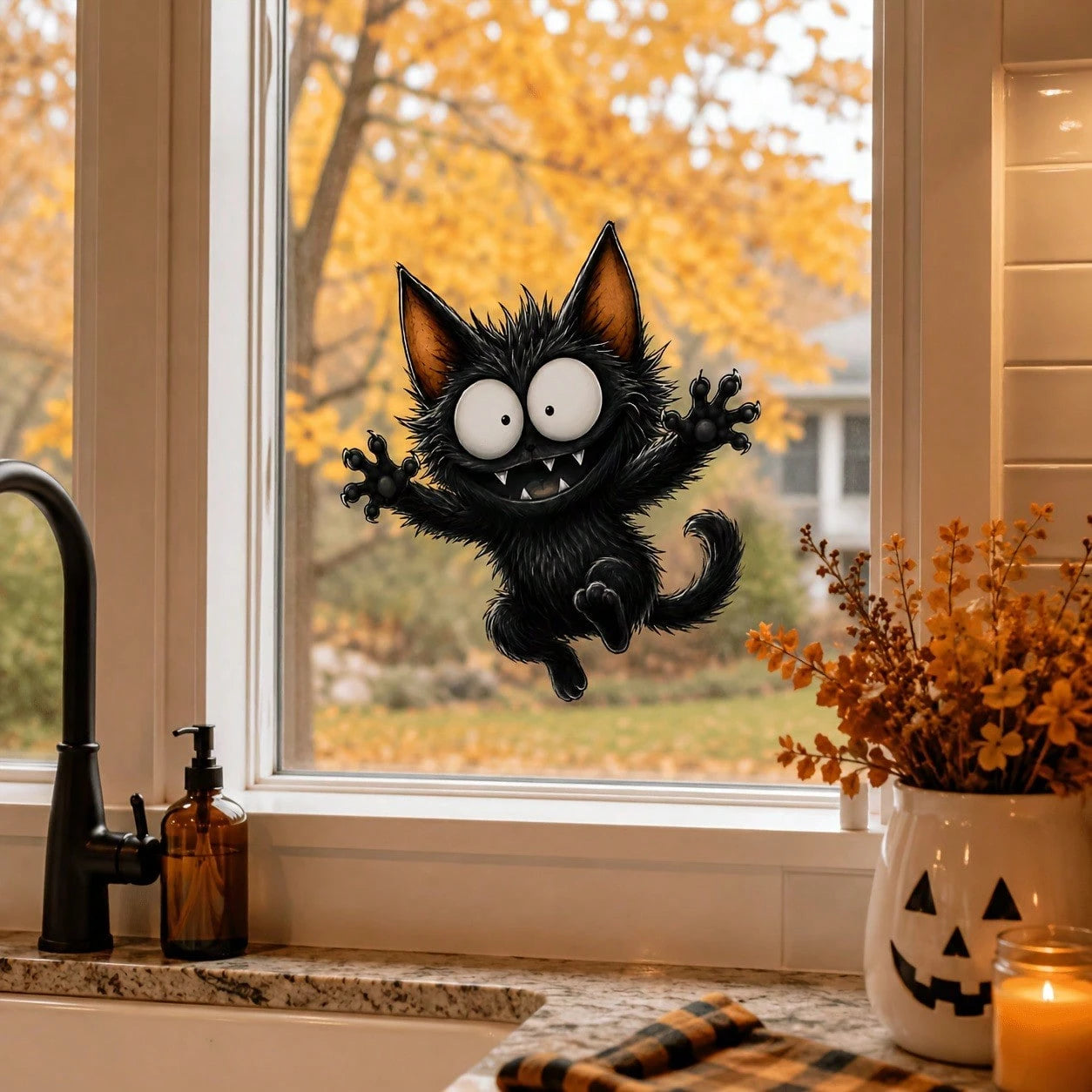 Halloween Big Eyes Fangs Black Cat Static Window Cling Sticker, Glue-Free Removable Double-Sided Visible PVC Glass Decal, Fall Festival Home Window Decor For Bedroom Kitchen Living Room