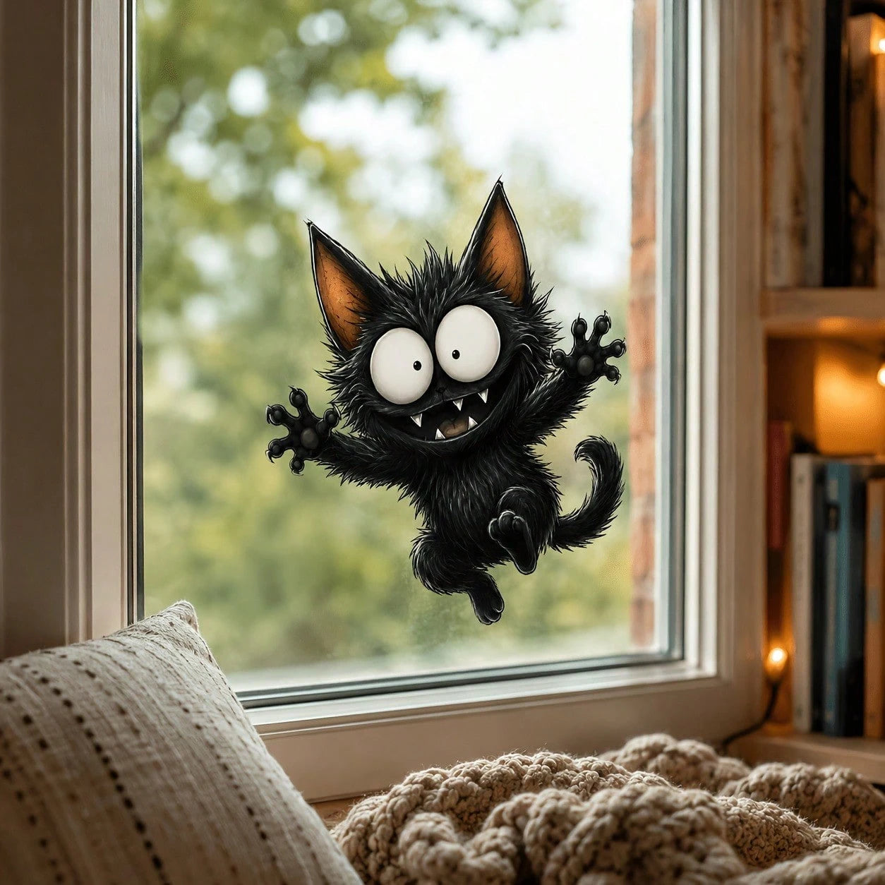Halloween Big Eyes Fangs Black Cat Static Window Cling Sticker, Glue-Free Removable Double-Sided Visible PVC Glass Decal, Fall Festival Home Window Decor For Bedroom Kitchen Living Room