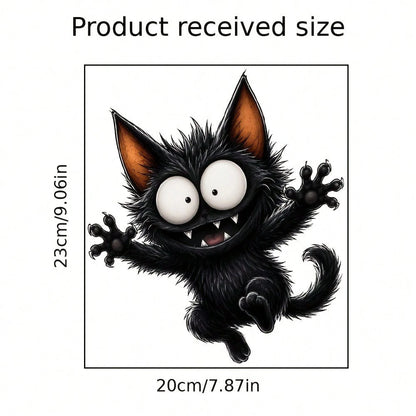 Halloween Big Eyes Fangs Black Cat Static Window Cling Sticker, Glue-Free Removable Double-Sided Visible PVC Glass Decal, Fall Festival Home Window Decor For Bedroom Kitchen Living Room