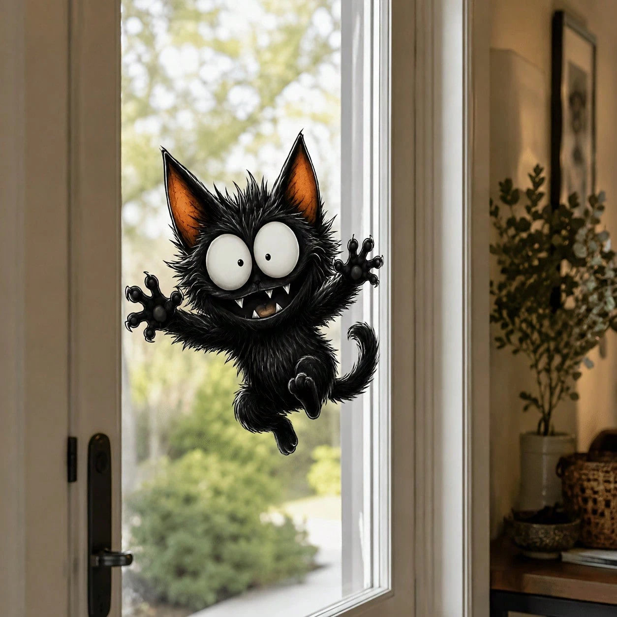 Halloween Big Eyes Fangs Black Cat Static Window Cling Sticker, Glue-Free Removable Double-Sided Visible PVC Glass Decal, Fall Festival Home Window Decor For Bedroom Kitchen Living Room