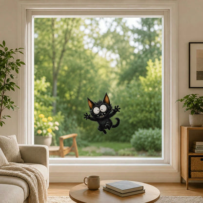 Halloween Big Eyes Fangs Black Cat Static Window Cling Sticker, Glue-Free Removable Double-Sided Visible PVC Glass Decal, Fall Festival Home Window Decor For Bedroom Kitchen Living Room