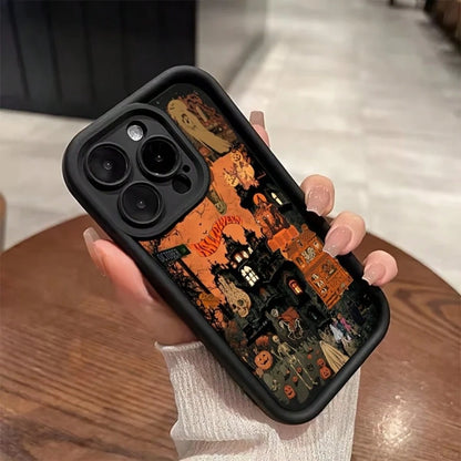 Halloween Castle Pumpkin Ghost Skeleton Phone Case Black Vintage Dark Holiday Illustration Full Coverage Shockproof TPU Soft Shell Compatible With Apple Android Models Short Title Option Compatible Wi