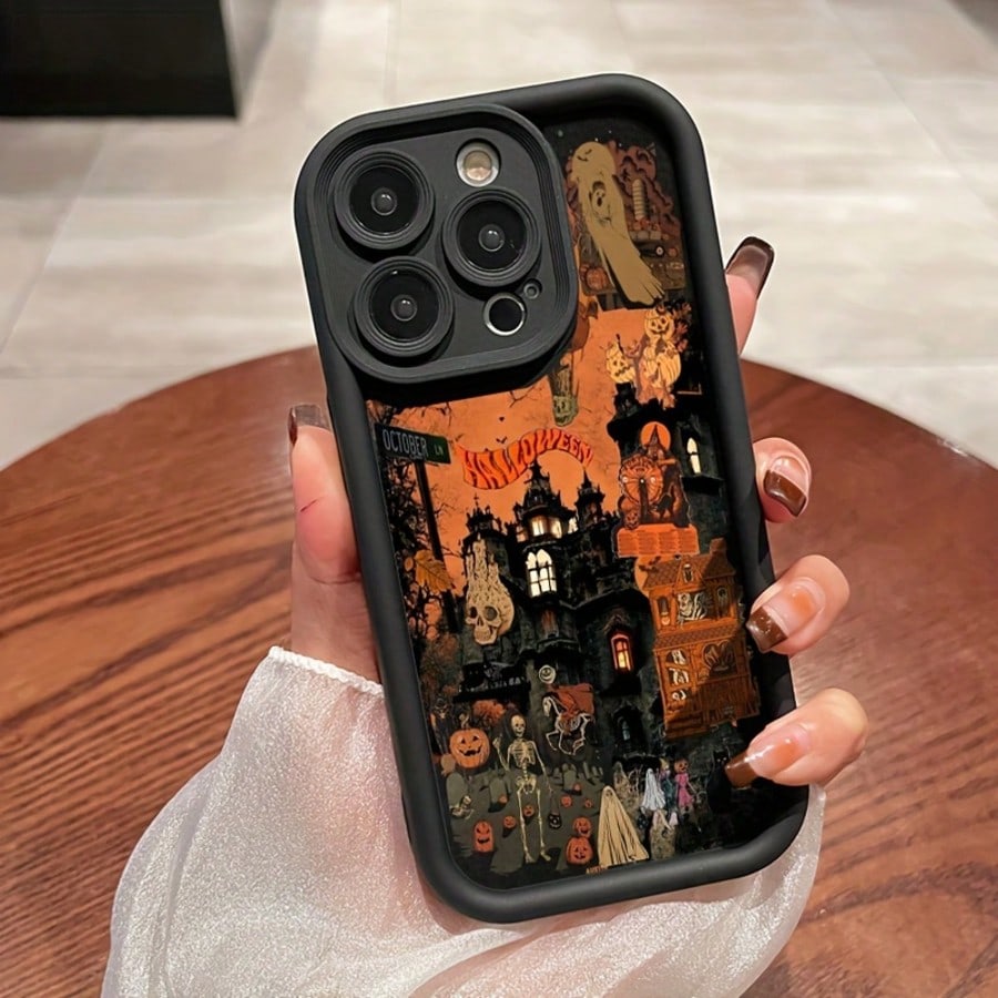 Halloween Castle Pumpkin Ghost Skeleton Phone Case Black Vintage Dark Holiday Illustration Full Coverage Shockproof TPU Soft Shell Compatible With Apple Android Models Short Title Option Compatible Wi