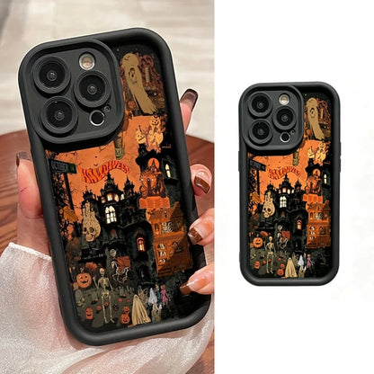 Halloween Castle Pumpkin Ghost Skeleton Phone Case Black Vintage Dark Holiday Illustration Full Coverage Shockproof TPU Soft Shell Compatible With Apple Android Models Short Title Option Compatible Wi