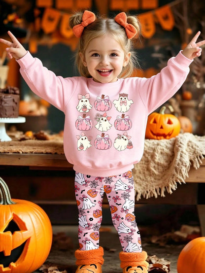 Halloween Clothes Baby GirlFresh Cartoon 9-Grid Pumpkin Ghost Goblin Print Basic Crew Neck Sweatshirt With Leggings