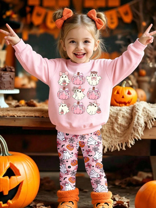 Halloween Clothes Baby GirlFresh Cartoon 9-Grid Pumpkin Ghost Goblin Print Basic Crew Neck Sweatshirt With Leggings