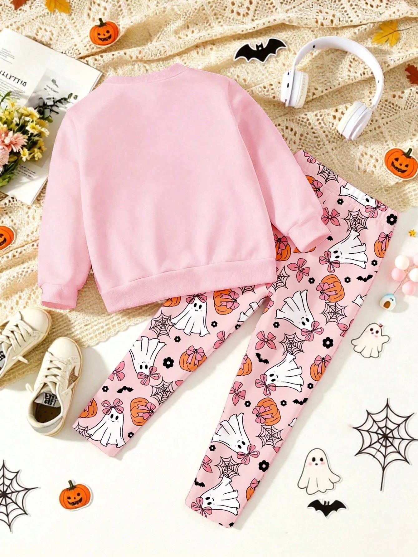 Halloween Clothes Baby GirlFresh Cartoon 9-Grid Pumpkin Ghost Goblin Print Basic Crew Neck Sweatshirt With Leggings