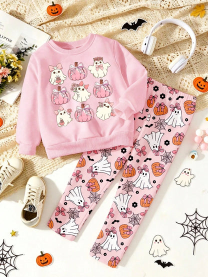 Halloween Clothes Baby GirlFresh Cartoon 9-Grid Pumpkin Ghost Goblin Print Basic Crew Neck Sweatshirt With Leggings