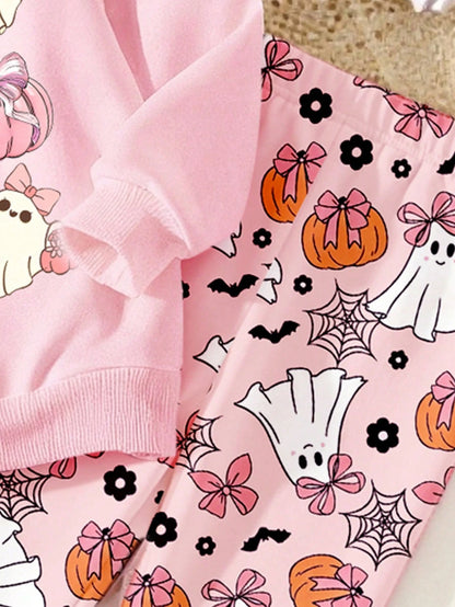 Halloween Clothes Baby GirlFresh Cartoon 9-Grid Pumpkin Ghost Goblin Print Basic Crew Neck Sweatshirt With Leggings