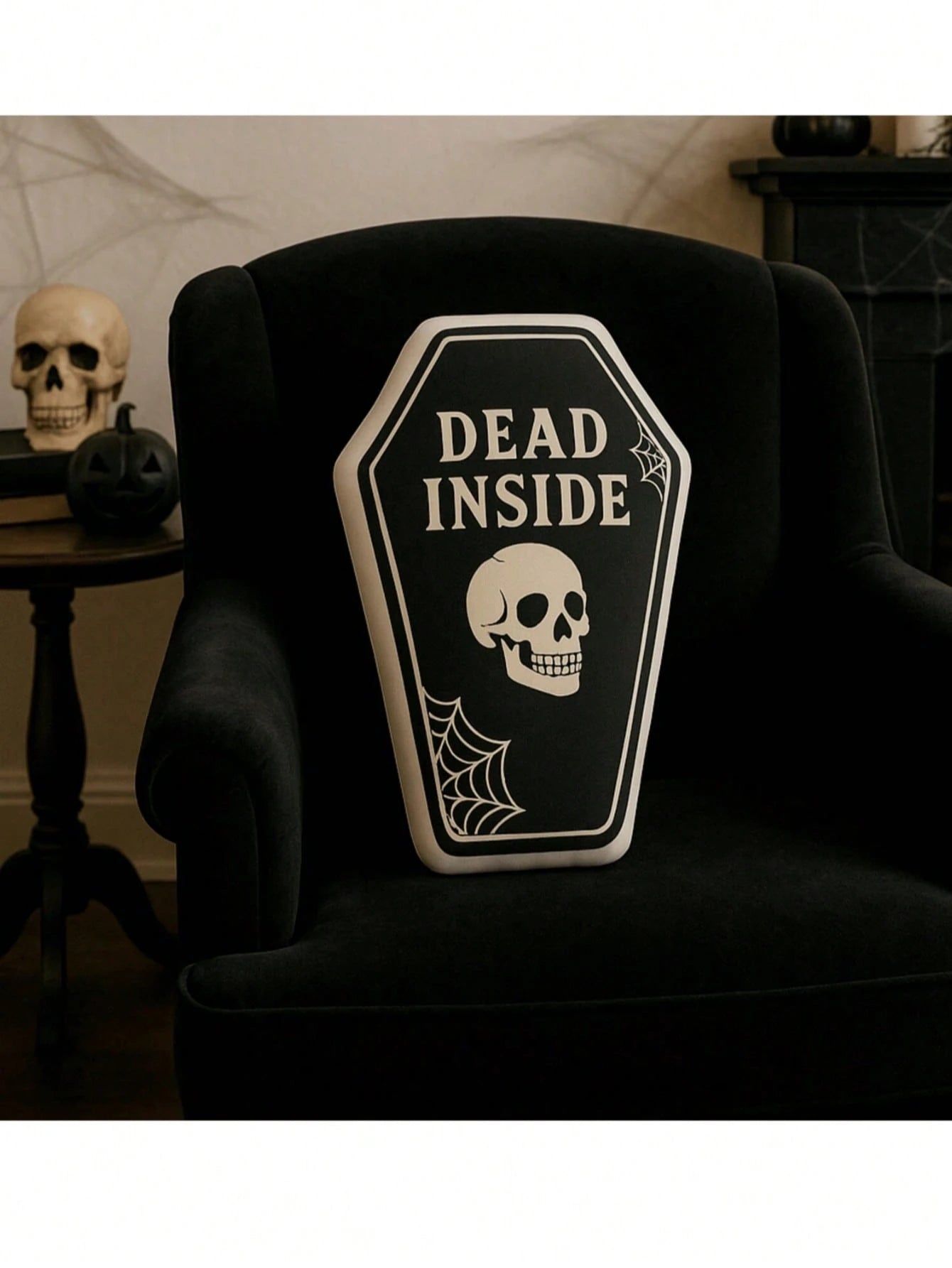 Halloween Gothic Coffin Shaped Throw Pillow Dead Inside Skull Spider Web Print Soft Plush Decorative Cushion For Spooky Dark Home Party Indoor Halloween Decor Gift
