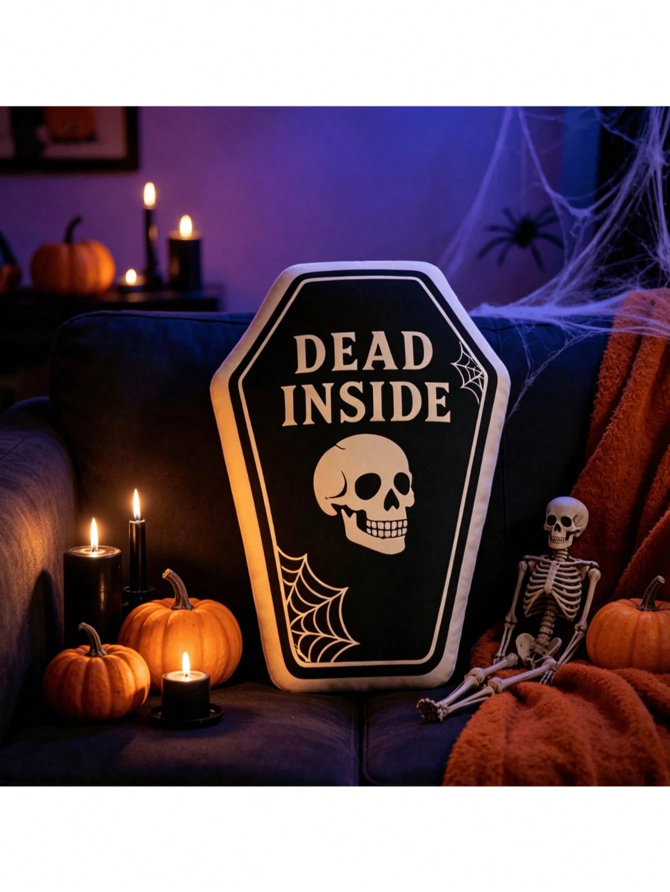 Halloween Gothic Coffin Shaped Throw Pillow Dead Inside Skull Spider Web Print Soft Plush Decorative Cushion For Spooky Dark Home Party Indoor Halloween Decor Gift