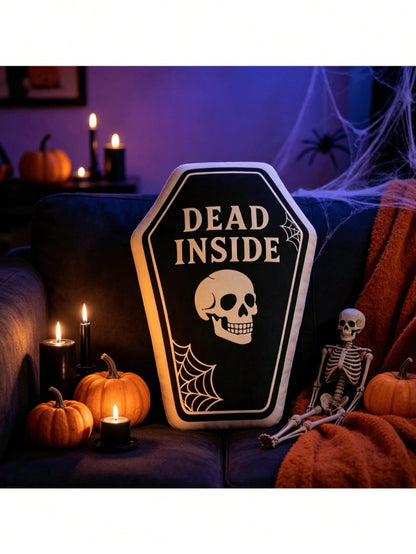 Halloween Gothic Coffin Shaped Throw Pillow Dead Inside Skull Spider Web Print Soft Plush Decorative Cushion For Spooky Dark Home Party Indoor Halloween Decor Gift