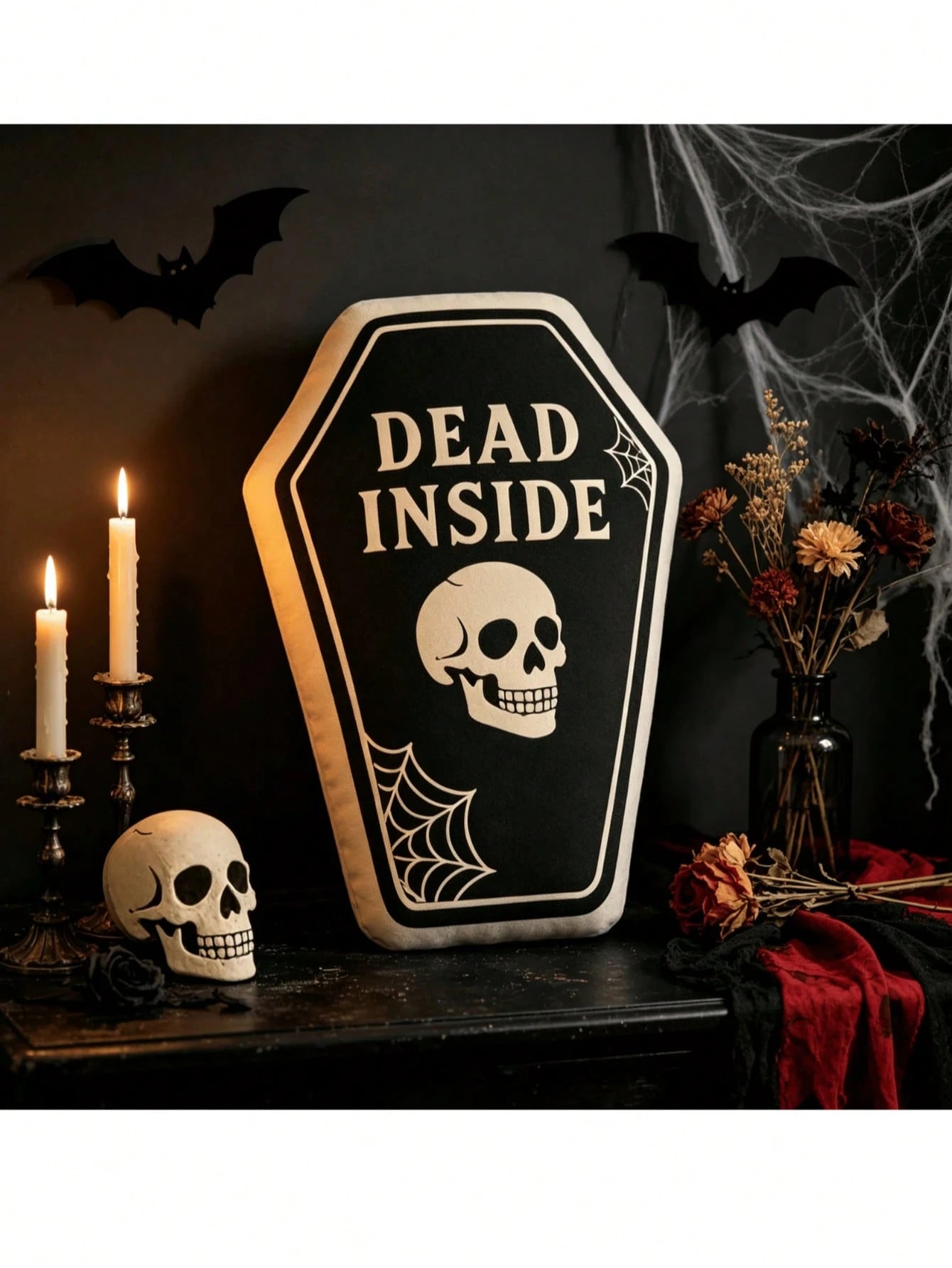 Halloween Gothic Coffin Shaped Throw Pillow Dead Inside Skull Spider Web Print Soft Plush Decorative Cushion For Spooky Dark Home Party Indoor Halloween Decor Gift