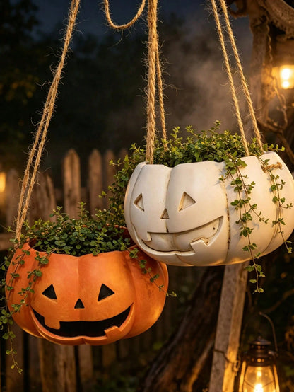 Halloween Pumpkin Hanging Planter, Resin Lantern Man Hanging Basket Flower Pot, Orange And White Pumpkin Face Succulent Plant Pot, Indoor Outdoor Garden Patio Balcony Halloween Decor Plant Pot