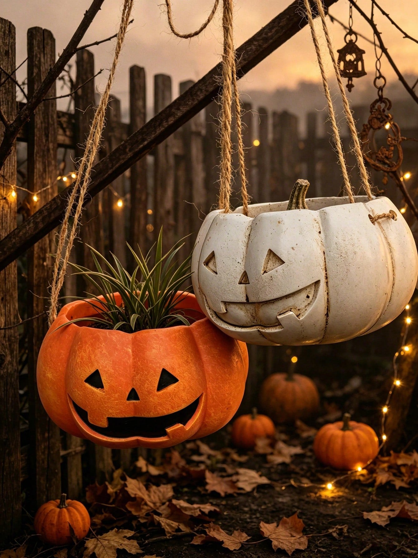 Halloween Pumpkin Hanging Planter, Resin Lantern Man Hanging Basket Flower Pot, Orange And White Pumpkin Face Succulent Plant Pot, Indoor Outdoor Garden Patio Balcony Halloween Decor Plant Pot