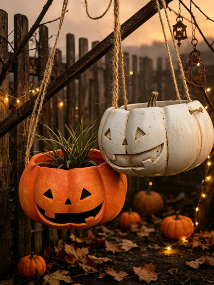 Halloween Pumpkin Hanging Planter, Resin Lantern Man Hanging Basket Flower Pot, Orange And White Pumpkin Face Succulent Plant Pot, Indoor Outdoor Garden Patio Balcony Halloween Decor Plant Pot
