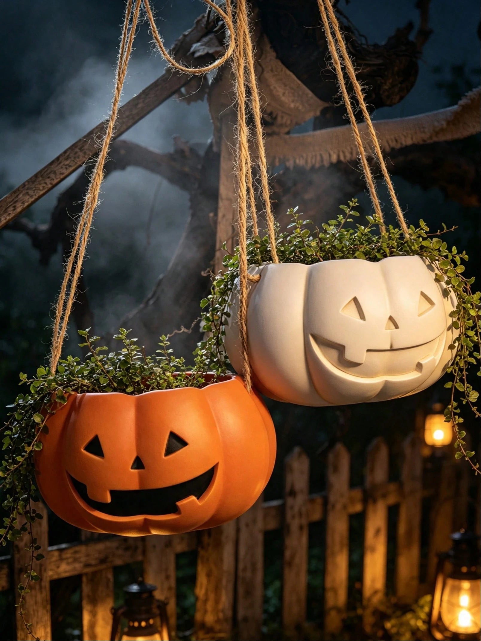 Halloween Pumpkin Hanging Planter, Resin Lantern Man Hanging Basket Flower Pot, Orange And White Pumpkin Face Succulent Plant Pot, Indoor Outdoor Garden Patio Balcony Halloween Decor Plant Pot