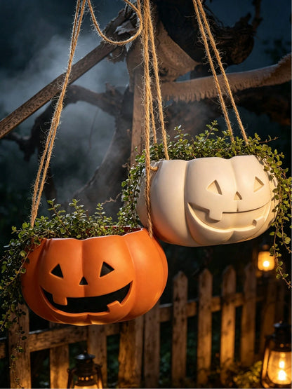 Halloween Pumpkin Hanging Planter, Resin Lantern Man Hanging Basket Flower Pot, Orange And White Pumpkin Face Succulent Plant Pot, Indoor Outdoor Garden Patio Balcony Halloween Decor Plant Pot