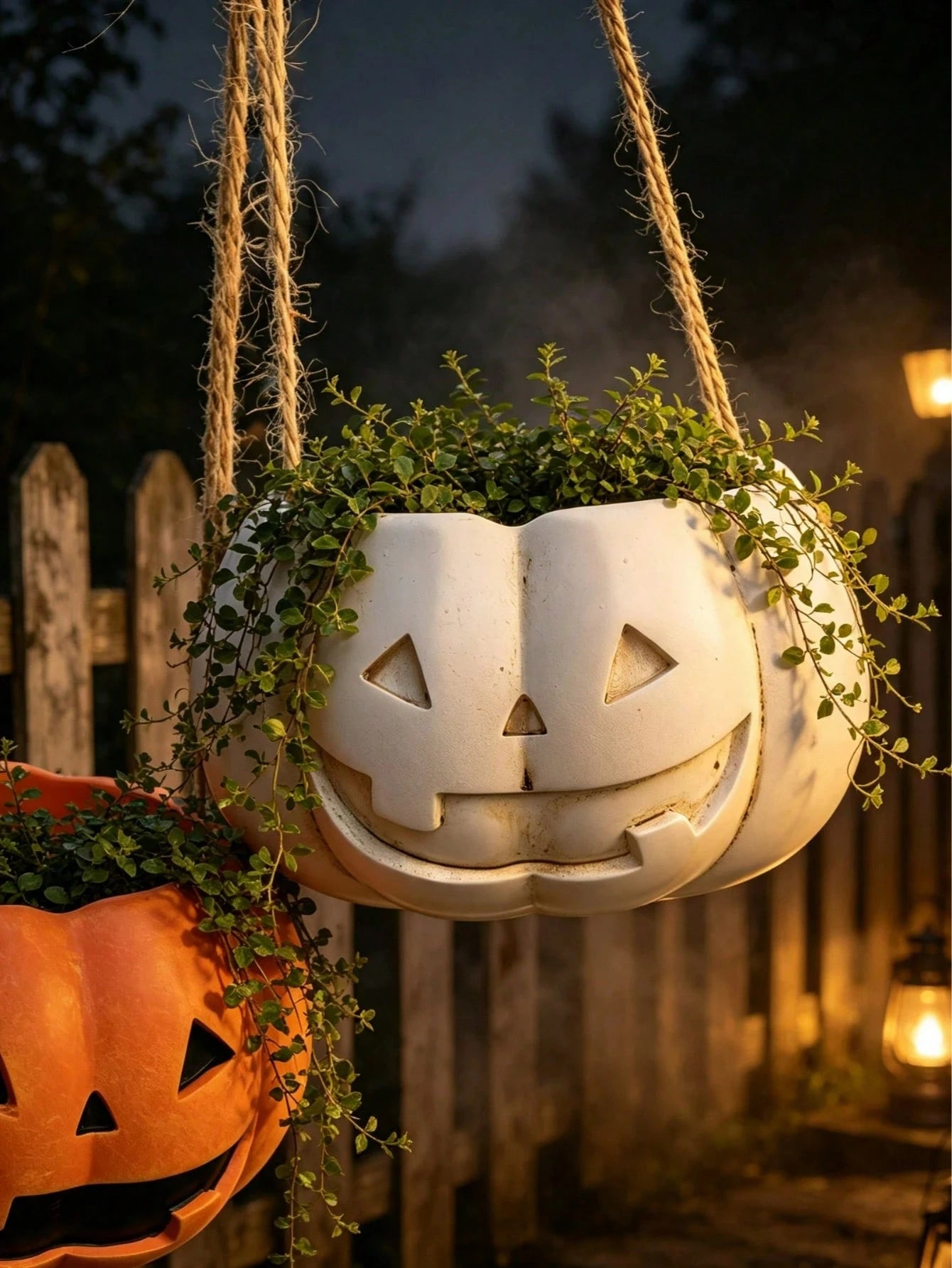 Halloween Pumpkin Hanging Planter, Resin Lantern Man Hanging Basket Flower Pot, Orange And White Pumpkin Face Succulent Plant Pot, Indoor Outdoor Garden Patio Balcony Halloween Decor Plant Pot
