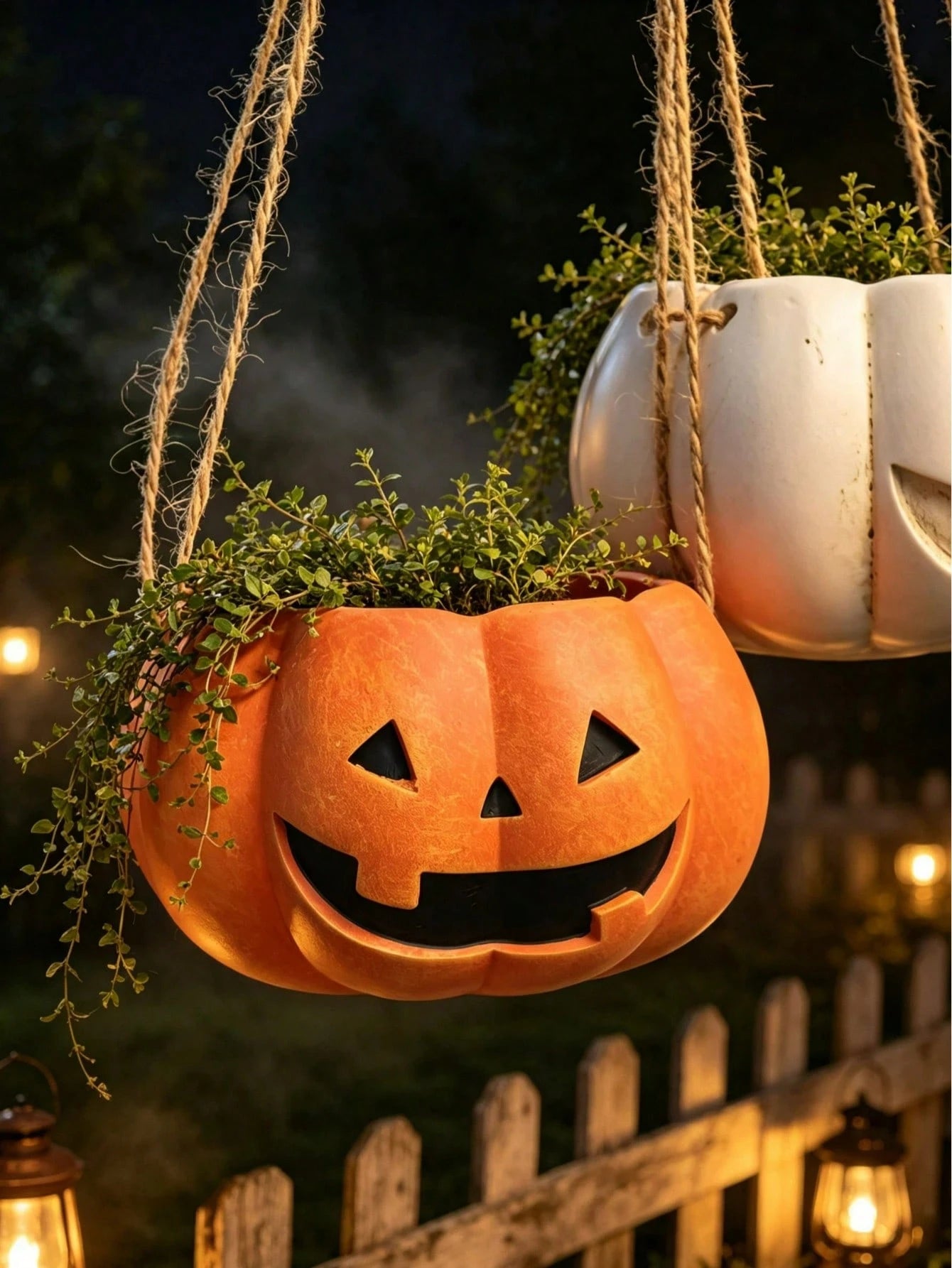 Halloween Pumpkin Hanging Planter, Resin Lantern Man Hanging Basket Flower Pot, Orange And White Pumpkin Face Succulent Plant Pot, Indoor Outdoor Garden Patio Balcony Halloween Decor Plant Pot