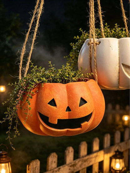 Halloween Pumpkin Hanging Planter, Resin Lantern Man Hanging Basket Flower Pot, Orange And White Pumpkin Face Succulent Plant Pot, Indoor Outdoor Garden Patio Balcony Halloween Decor Plant Pot