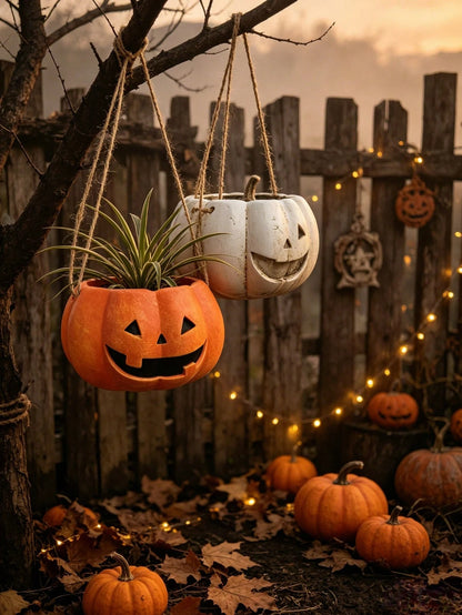 Halloween Pumpkin Hanging Planter, Resin Lantern Man Hanging Basket Flower Pot, Orange And White Pumpkin Face Succulent Plant Pot, Indoor Outdoor Garden Patio Balcony Halloween Decor Plant Pot