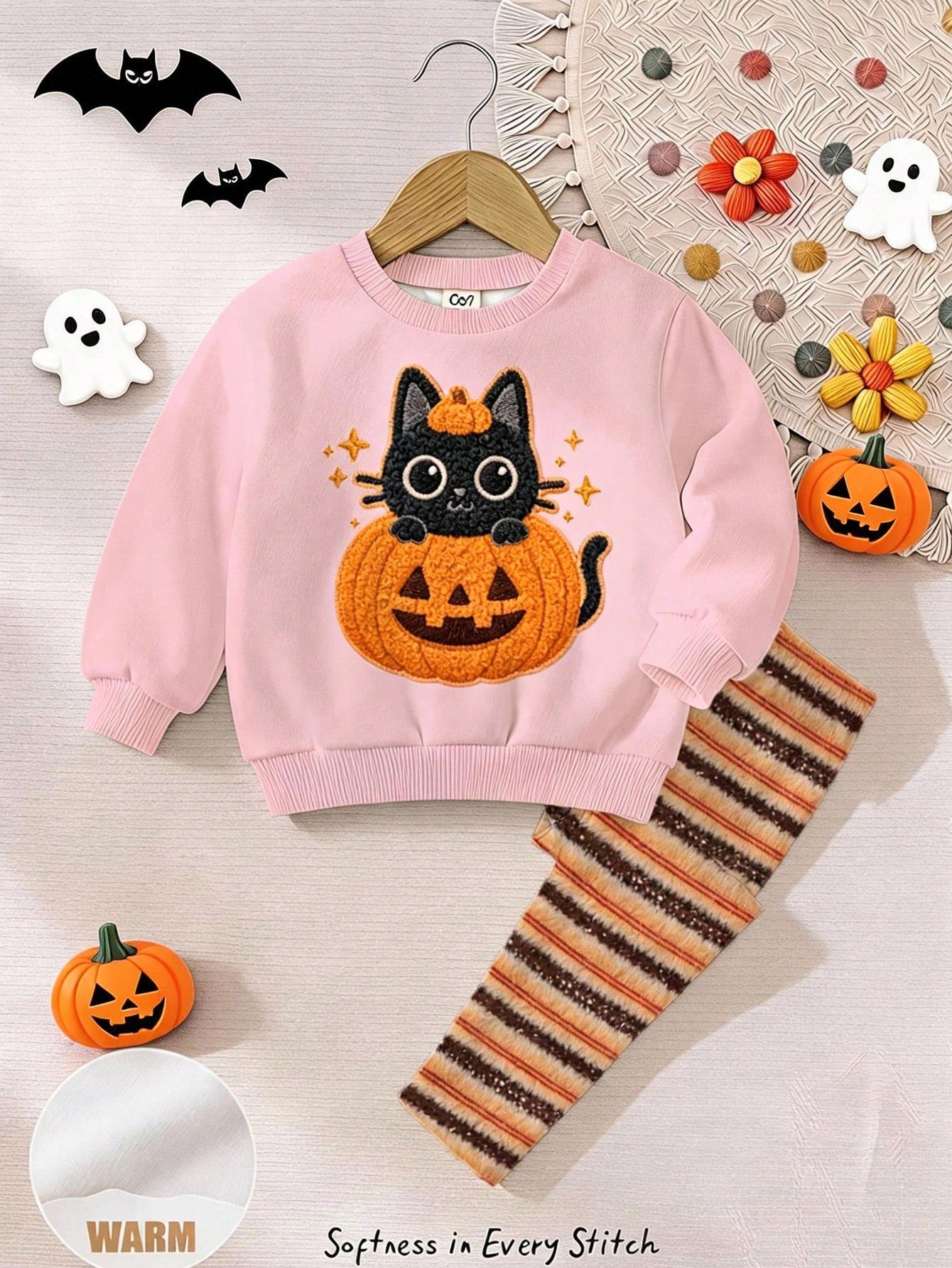 Halloween, Baby Girl Casual Minimalist Cute Textured Halloween Cartoon Pumpkin Cat Pattern, Pumpkin Color Striped, Loose Round Neck Sweatshirt Elastic Waist Long Pants Set Suitable For Autumn/Winter L