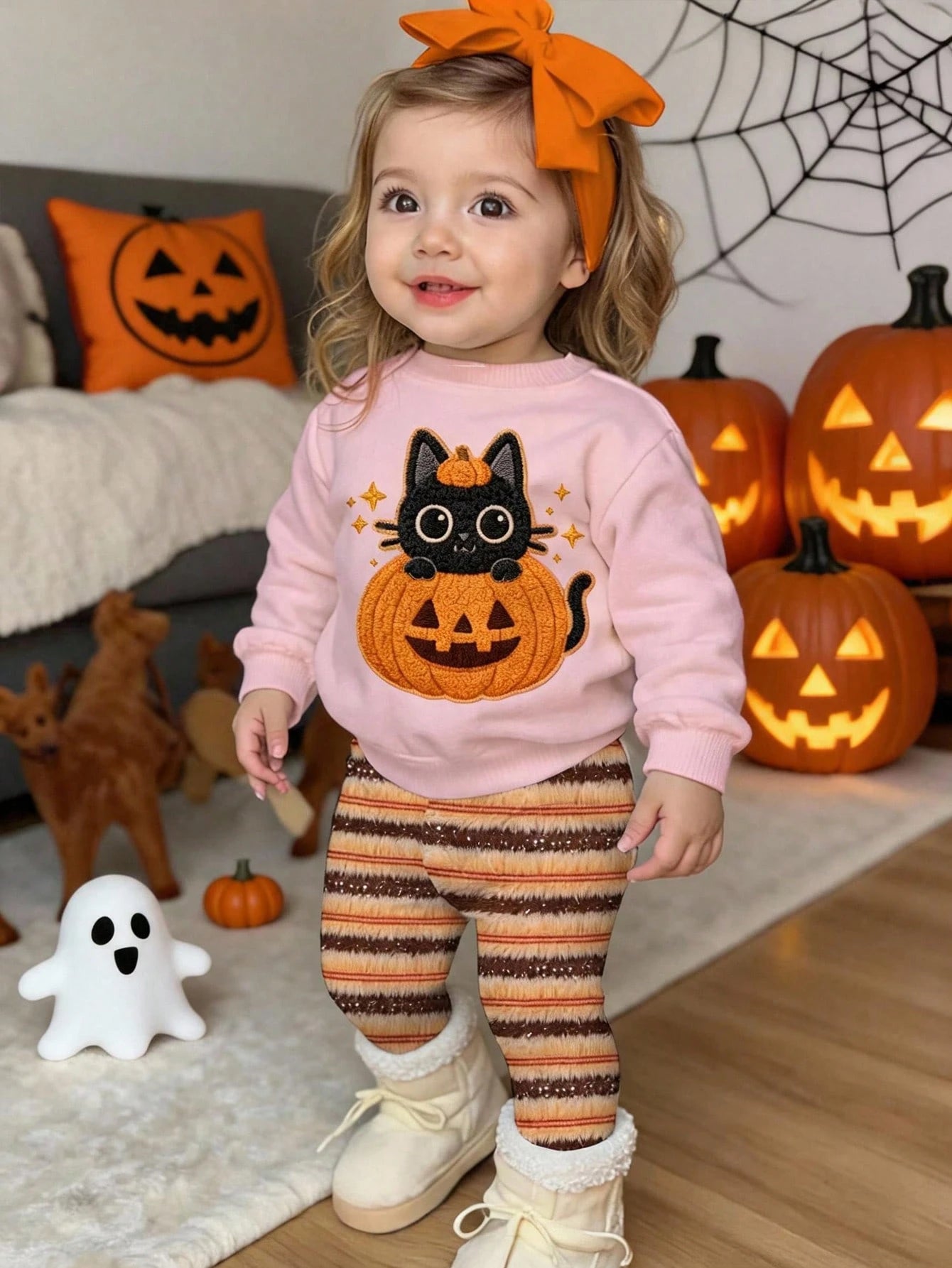 Halloween, Baby Girl Casual Minimalist Cute Textured Halloween Cartoon Pumpkin Cat Pattern, Pumpkin Color Striped, Loose Round Neck Sweatshirt Elastic Waist Long Pants Set Suitable For Autumn/Winter L