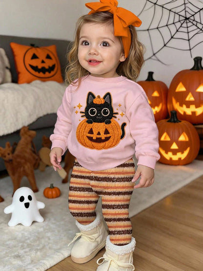 Halloween, Baby Girl Casual Minimalist Cute Textured Halloween Cartoon Pumpkin Cat Pattern, Pumpkin Color Striped, Loose Round Neck Sweatshirt Elastic Waist Long Pants Set Suitable For Autumn/Winter L
