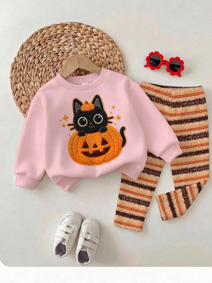 Halloween, Baby Girl Casual Minimalist Cute Textured Halloween Cartoon Pumpkin Cat Pattern, Pumpkin Color Striped, Loose Round Neck Sweatshirt Elastic Waist Long Pants Set Suitable For Autumn/Winter L