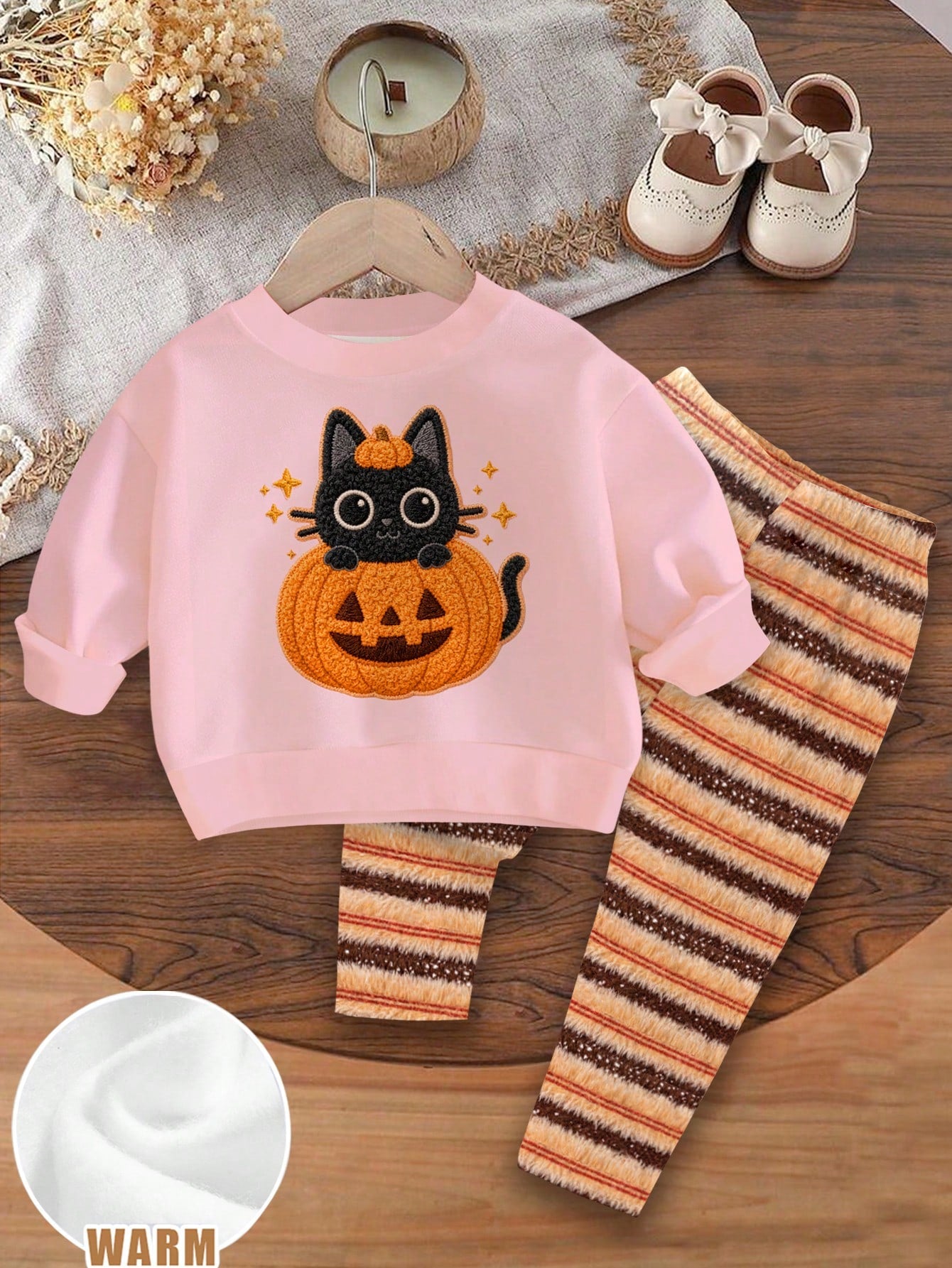 Halloween, Baby Girl Casual Minimalist Cute Textured Halloween Cartoon Pumpkin Cat Pattern, Pumpkin Color Striped, Loose Round Neck Sweatshirt Elastic Waist Long Pants Set Suitable For Autumn/Winter L