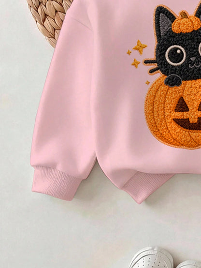 Halloween, Baby Girl Casual Minimalist Cute Textured Halloween Cartoon Pumpkin Cat Pattern, Pumpkin Color Striped, Loose Round Neck Sweatshirt Elastic Waist Long Pants Set Suitable For Autumn/Winter L