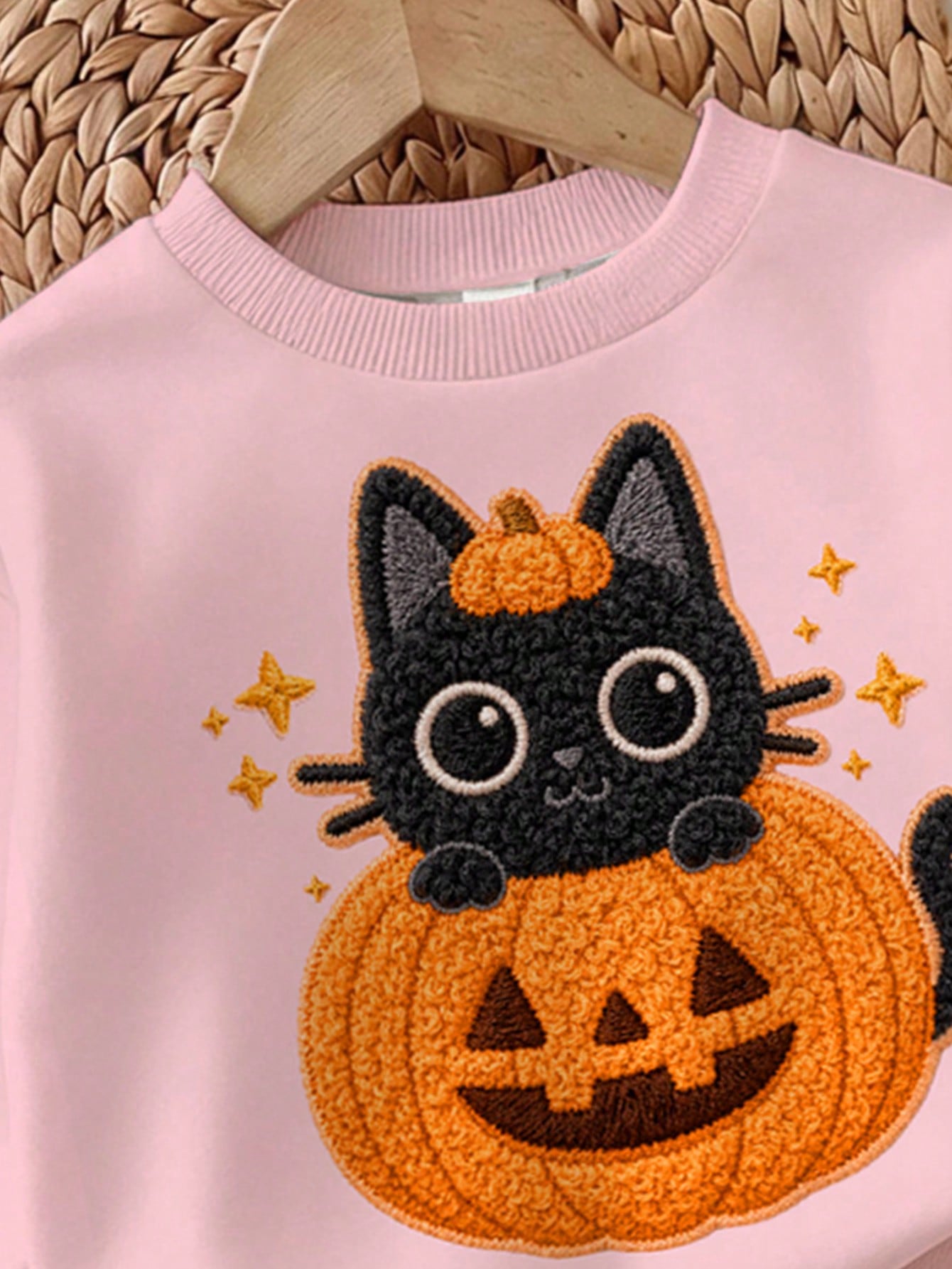 Halloween, Baby Girl Casual Minimalist Cute Textured Halloween Cartoon Pumpkin Cat Pattern, Pumpkin Color Striped, Loose Round Neck Sweatshirt Elastic Waist Long Pants Set Suitable For Autumn/Winter L