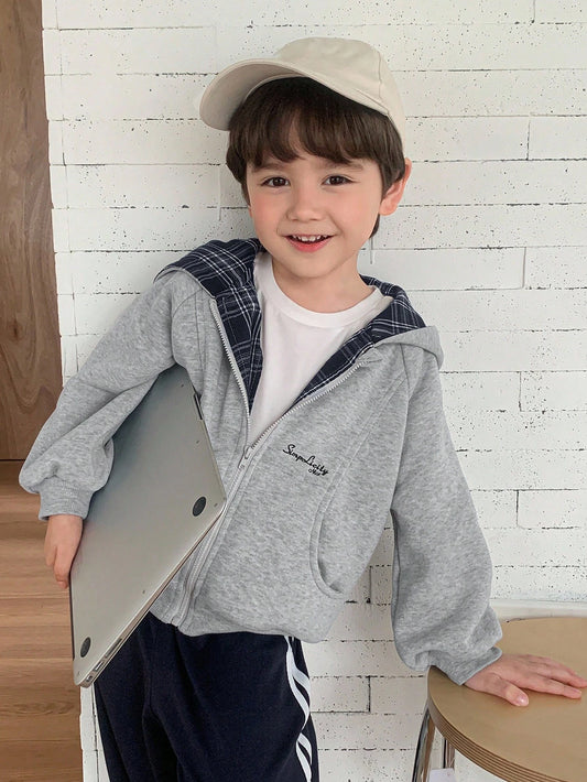 Hapijoa Kids Fall Clothes, Young Boys Thermal Lined Jacket, Patchwork Plaid Hooded, Casual Loose Fit, Letter Print, Minimalist Style, Autumn
