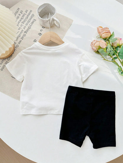 Happikins Cool Girl, Leopard Heart, Cute Girl, Baby Girl Casual Simple Round Neck Short Sleeve Outfit Suitable For Spring And Summer