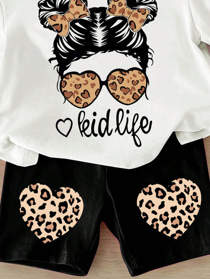 Happikins Cool Girl, Leopard Heart, Cute Girl, Baby Girl Casual Simple Round Neck Short Sleeve Outfit Suitable For Spring And Summer