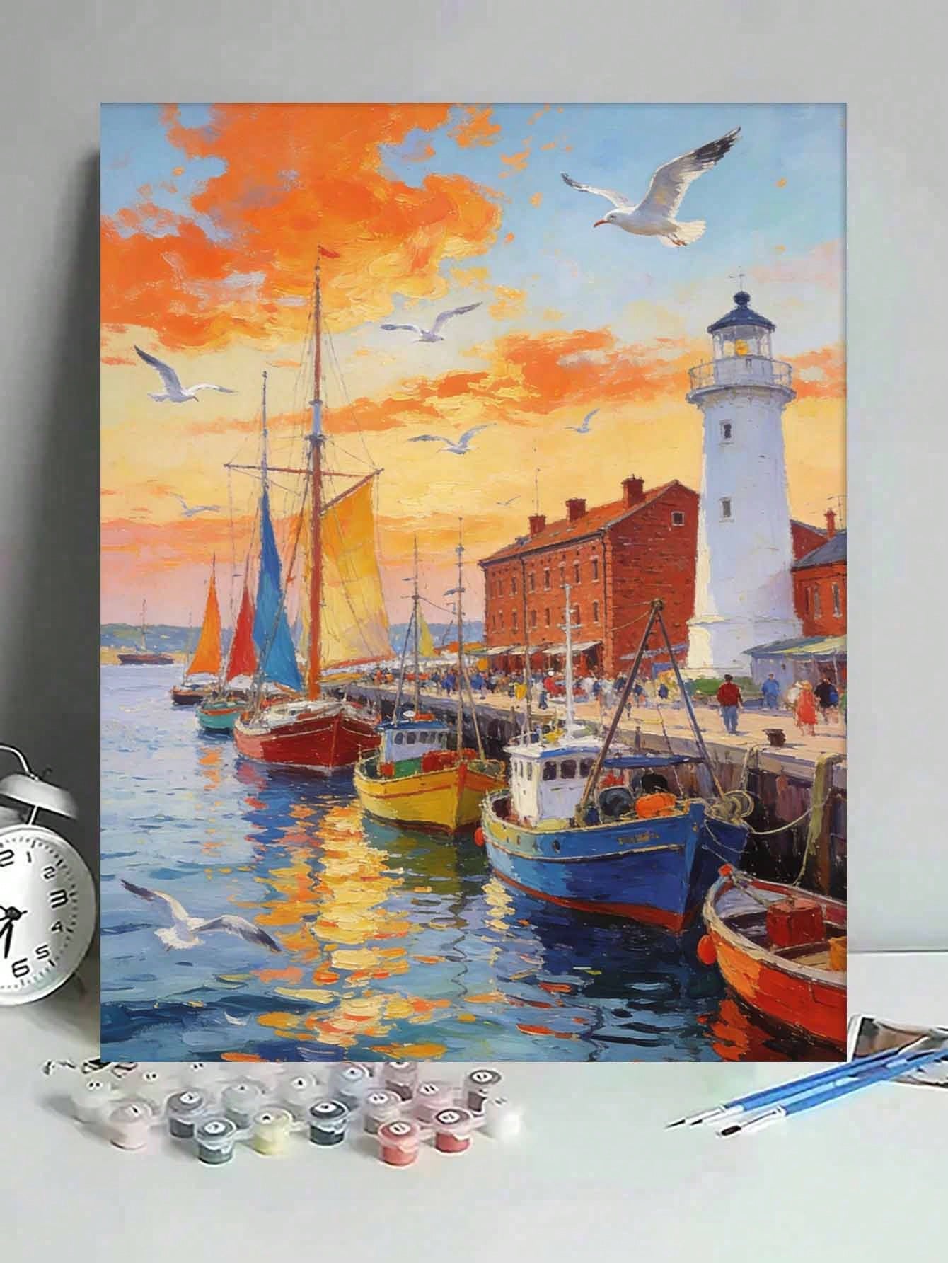 Harbor Sunset Lighthouse Seagulls Boats DIY Oil Painting By Numbers Painting Crafts Adult Home Decoration 40x50cm/16x20inch Holiday Gifts