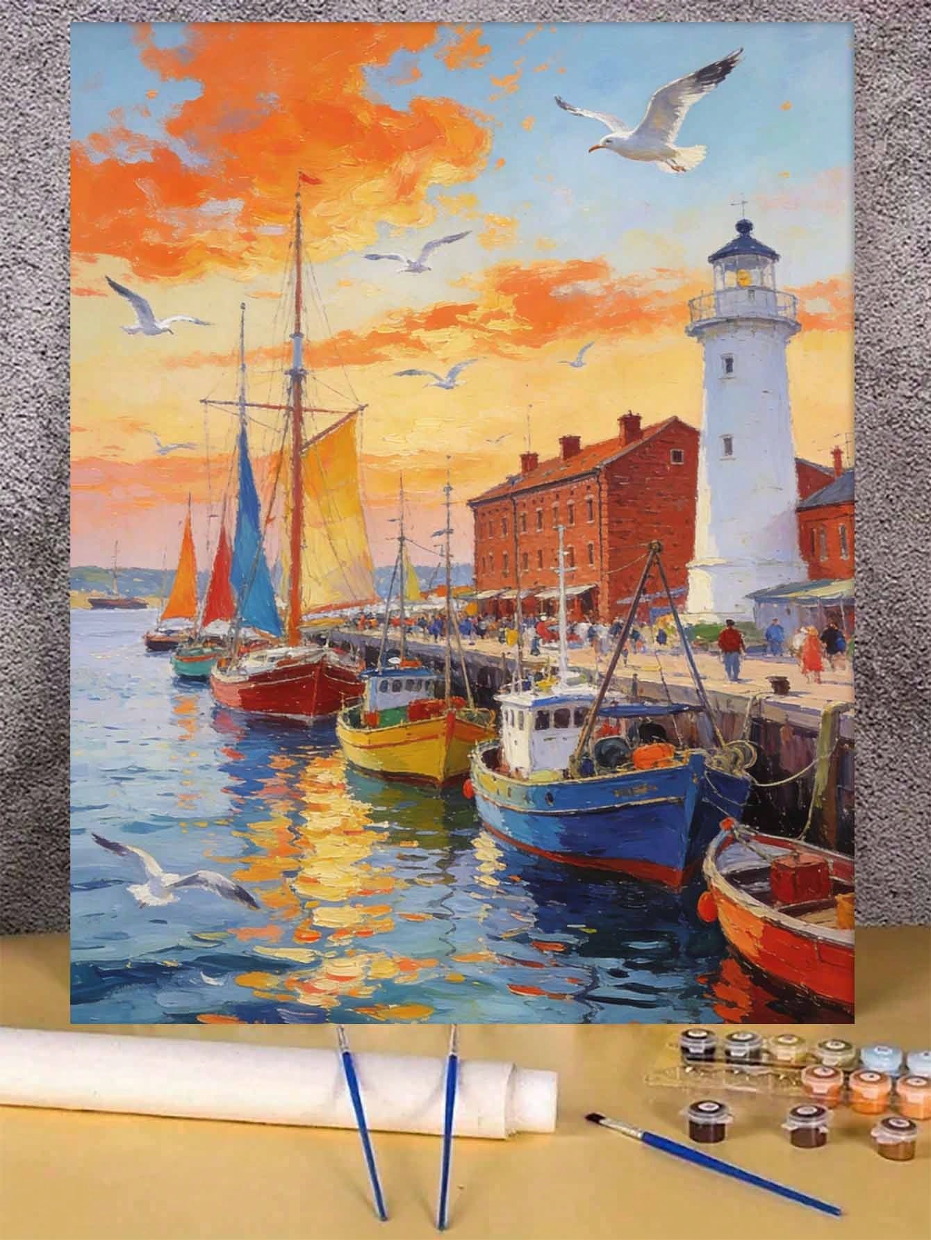 Harbor Sunset Lighthouse Seagulls Boats DIY Oil Painting By Numbers Painting Crafts Adult Home Decoration 40x50cm/16x20inch Holiday Gifts