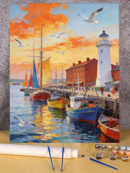 Harbor Sunset Lighthouse Seagulls Boats DIY Oil Painting By Numbers Painting Crafts Adult Home Decoration 40x50cm/16x20inch Holiday Gifts