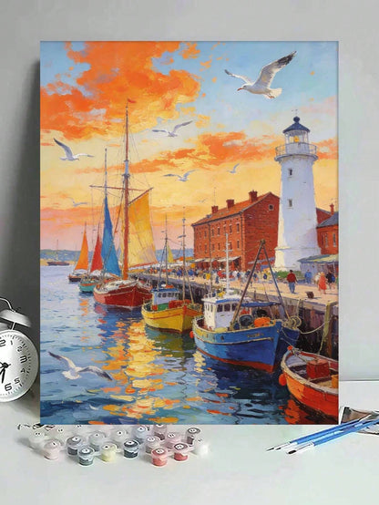 Harbor Sunset Lighthouse Seagulls Boats DIY Oil Painting By Numbers Painting Crafts Adult Home Decoration 40x50cm/16x20inch Holiday Gifts