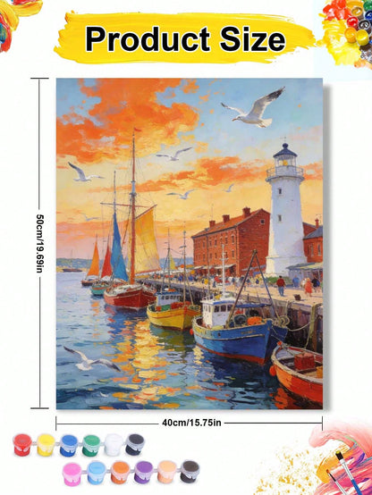 Harbor Sunset Lighthouse Seagulls Boats DIY Oil Painting By Numbers Painting Crafts Adult Home Decoration 40x50cm/16x20inch Holiday Gifts