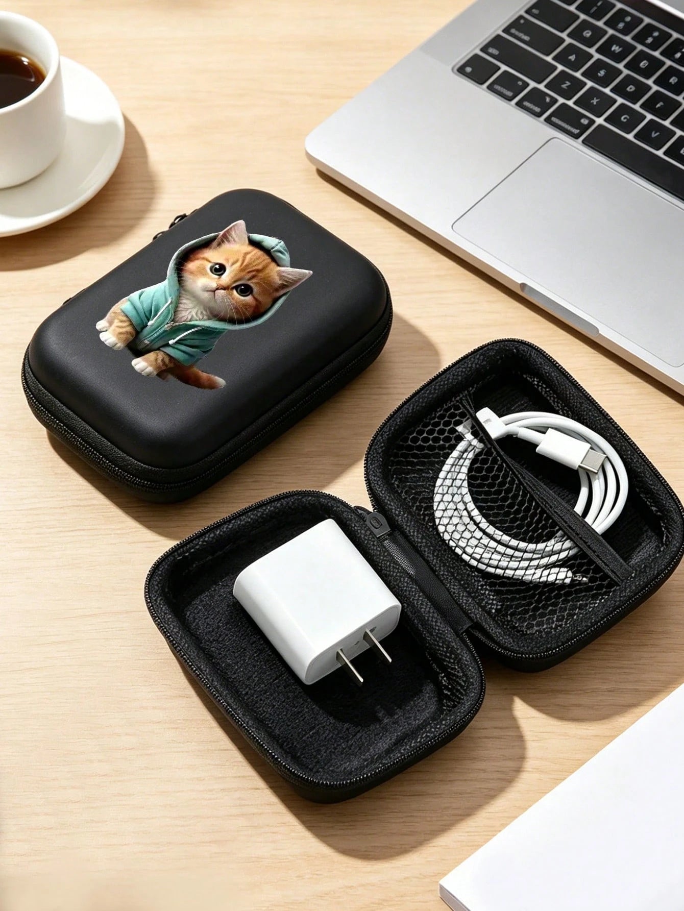 Hard Zipper Storage Bag, Cartoon Cat Pattern Portable Protective Case, Suitable For Electronic Products, Data Cables, Earphones, Small Digital Products