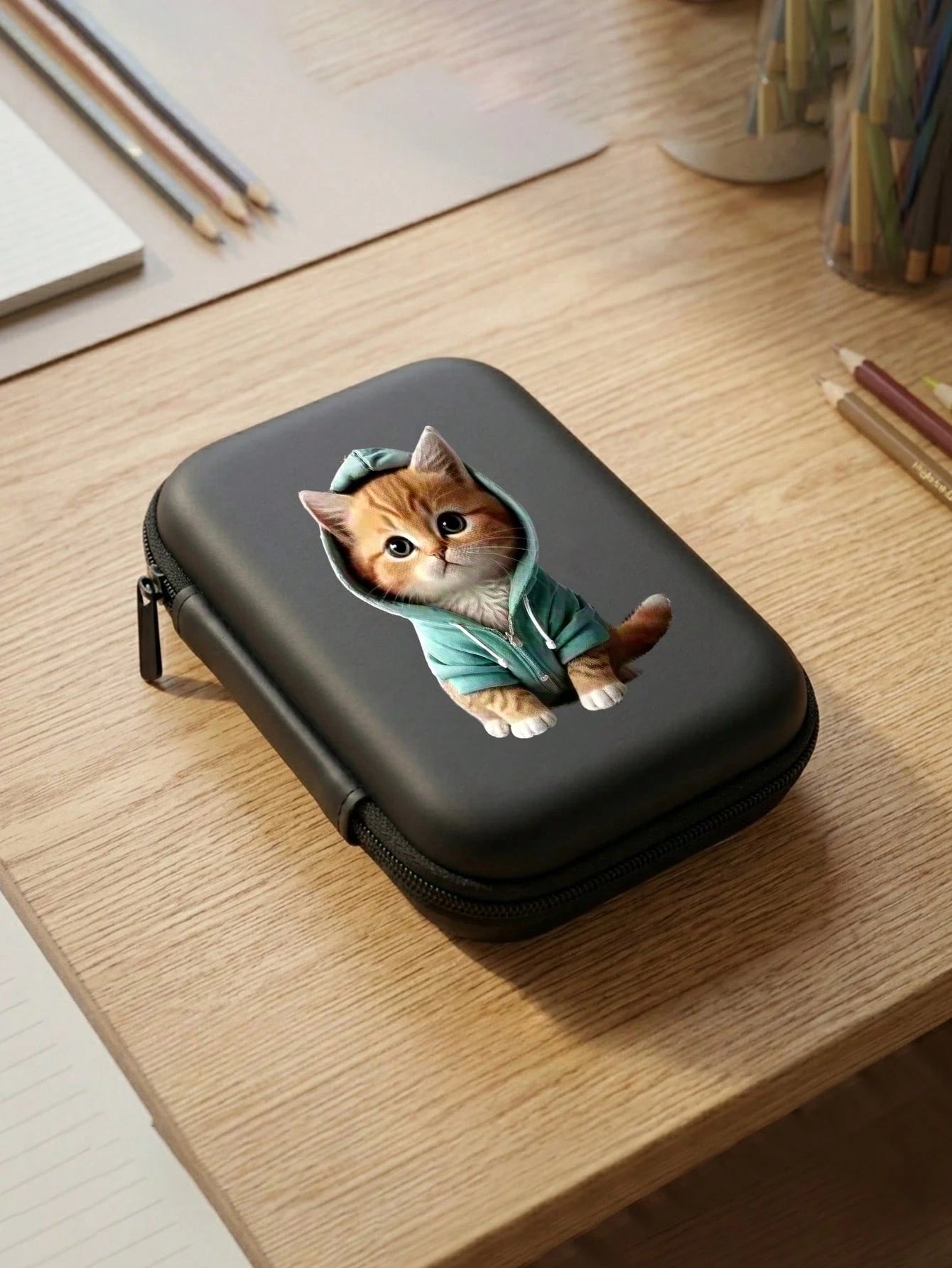 Hard Zipper Storage Bag, Cartoon Cat Pattern Portable Protective Case, Suitable For Electronic Products, Data Cables, Earphones, Small Digital Products