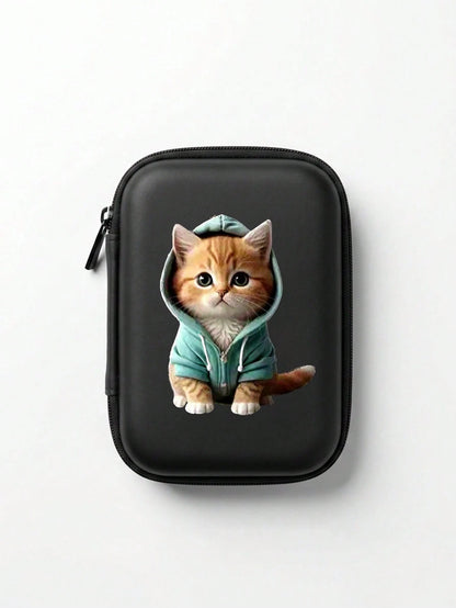 Hard Zipper Storage Bag, Cartoon Cat Pattern Portable Protective Case, Suitable For Electronic Products, Data Cables, Earphones, Small Digital Products