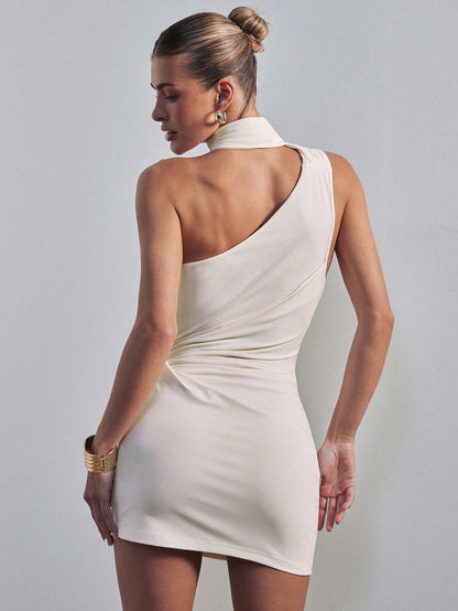 Hauture Women's One Shoulder Draped Casual Stretch Knit Dress Office Wear, Fitted Dress, Summer Vibes, Old Money Dress For Office, Going Out
