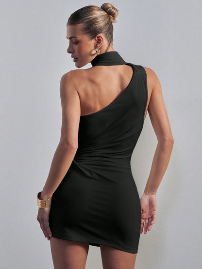 Hauture Women's One Shoulder Draped Casual Stretch Knit Dress Office Wear, Fitted Dress, Summer Vibes, Old Money Dress For Office, Going Out