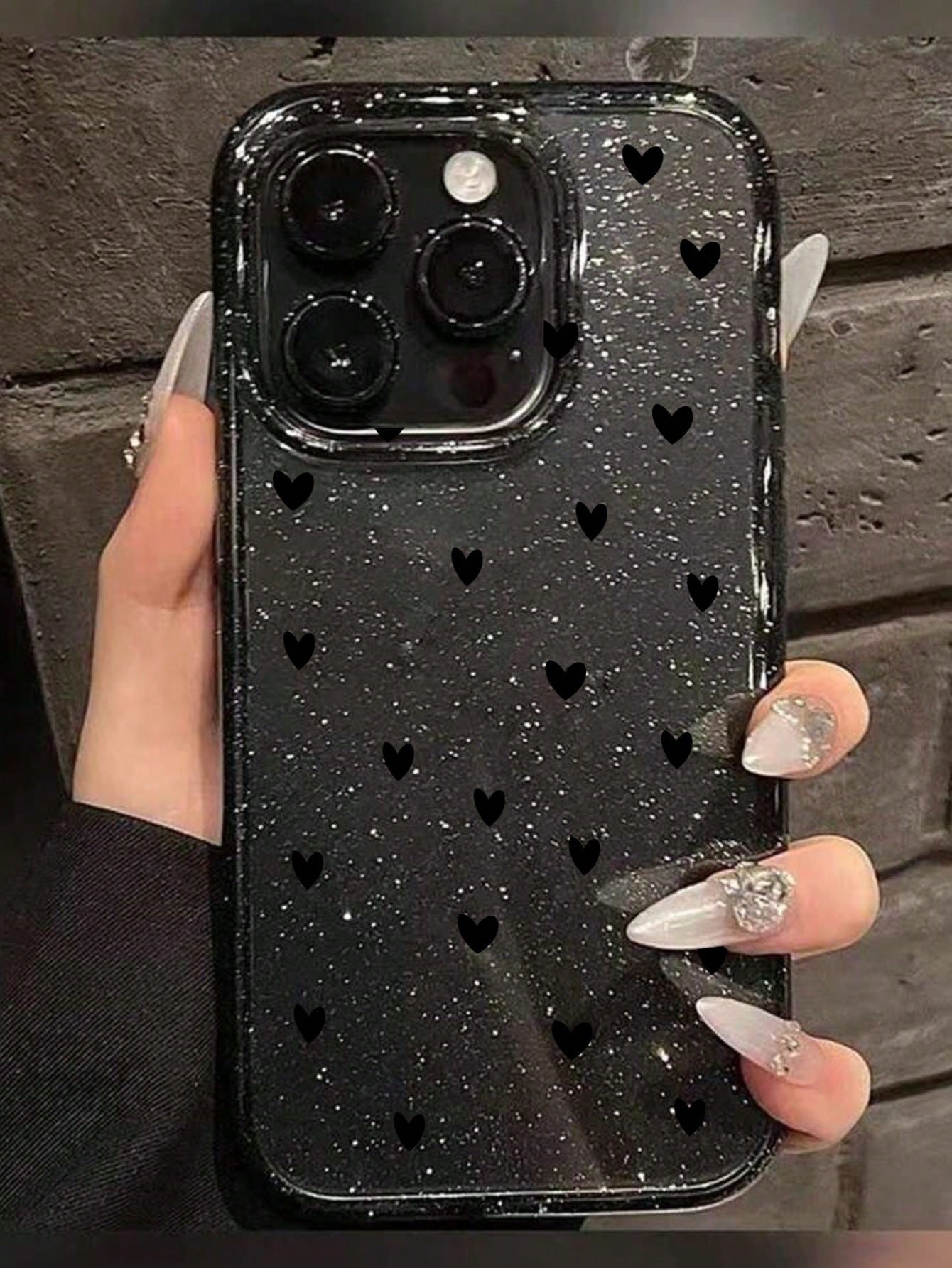 Heart Elements Fashionable TPU Black Heart Print 1pc Fashionable Glitter Heart Print Black TPU Phone Case Compatible With IPhone 17/17 Pro/17 Pro Max/Air/7/8/7 Plus/8 Plus/X/XS/XR/XS Max/11/11 Pro/11